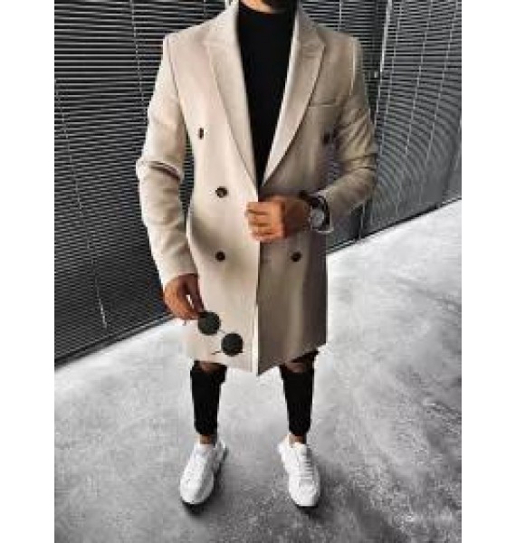 Men's Fashion Solid Color Belted Button Coat Coat