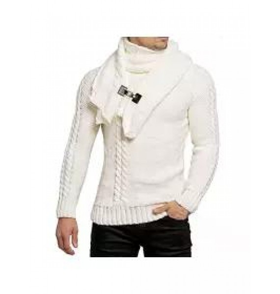 Men's Detachable Scarf Collar Long Sleeve Pullover Sweater