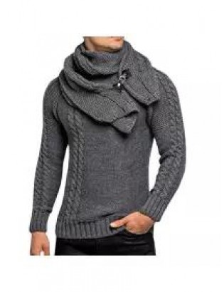 Men's Detachable Scarf Collar Long Sleeve Pullover Sweater