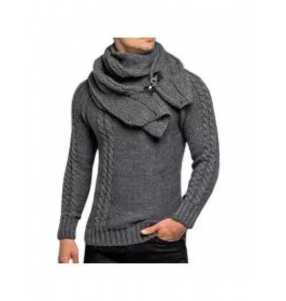 Men's Detachable Scarf Collar Long Sleeve Pullover Sweater