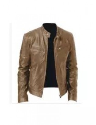 Mens Leather New PU Coat Stand Collar Leather Jacket