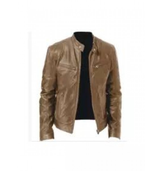 Mens Leather New PU Coat Stand Collar Leather Jacket