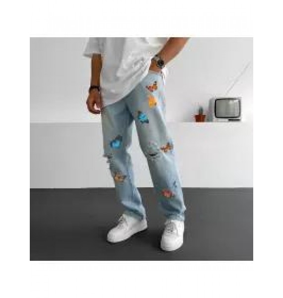 Men's Fashion Butterfly Print Ripped Jeans