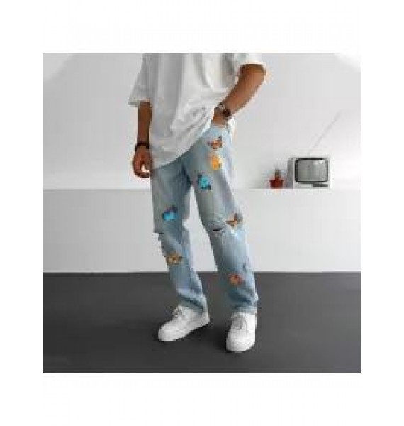 Men's Fashion Butterfly Print Ripped Jeans