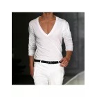 Men's Basic White Deep V-Neck Cotton Long Sleeve T-Shirt