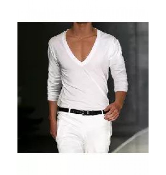 Men's Basic White Deep V-Neck Cotton Long Sleeve T-Shirt