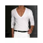 Men's Basic White Deep V-Neck Cotton Long Sleeve T-Shirt