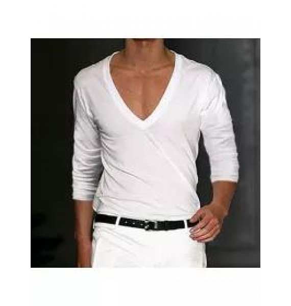 Men's Basic White Deep V-Neck Cotton Long Sleeve T-Shirt