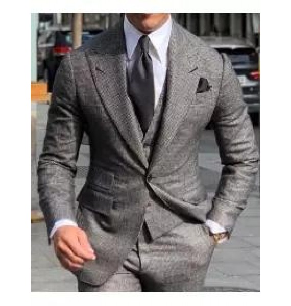 Men's fashion gray checkered double pocket business suit