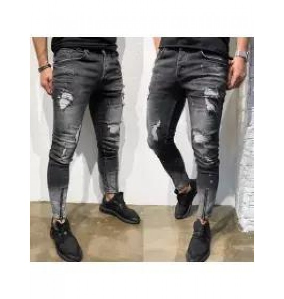 Street Style Plain Hole Zipper Slim Jeans Pants