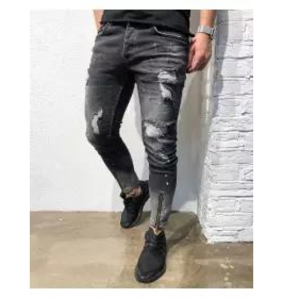 Street Style Plain Hole Zipper Slim Jeans Pants