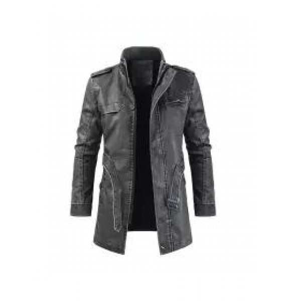 Mens Outdoor Long Leather Cold-resistant Jacket