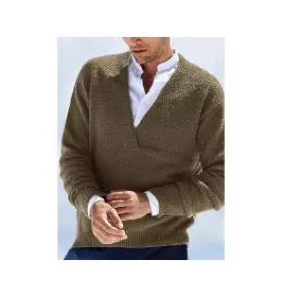 Men's V-Neck Warm Knit Solid Color Long Sleeve Sweater