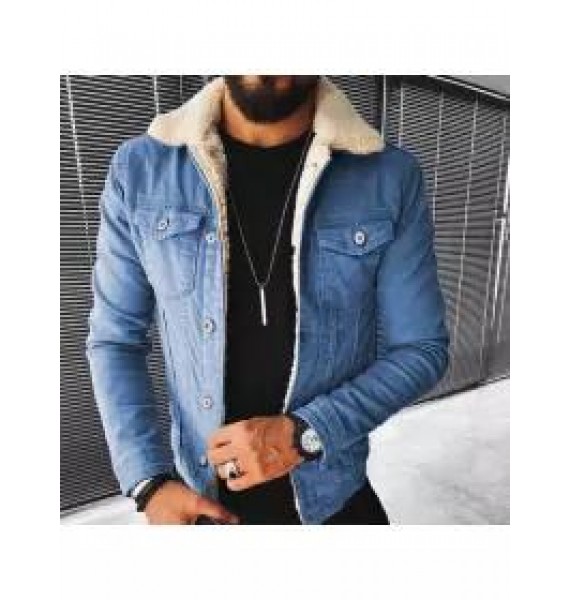 Men's Casual Punk Motorcycle Imitation Wool Washed Denim Jacket