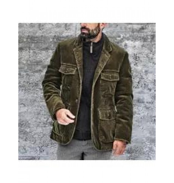 Mens Casual Retro Solid Color Multi-pocket Corduroy Jacket