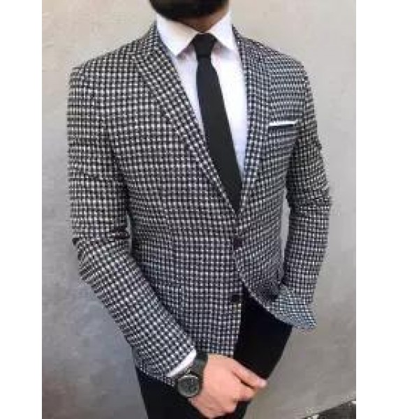 Men's gentleman black and white plaid evening formal suit