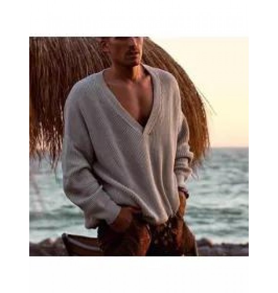 Casual fashion low chest deep V-neck knitted long sleeve solid color sweater