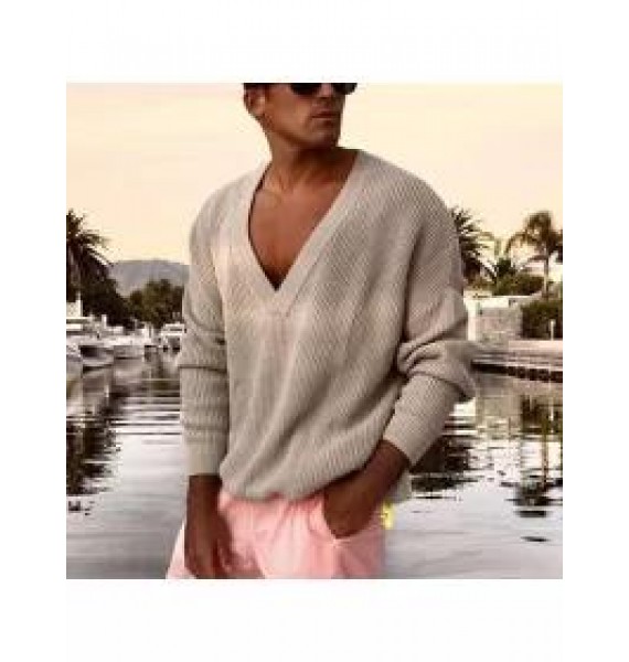 Casual fashion low chest deep V-neck knitted long sleeve solid color sweater