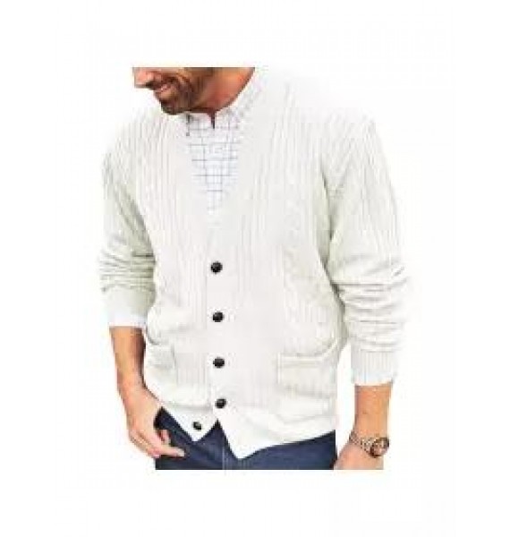 Men's English Solid V-Neck Jacquard Knit Sweater Jacket