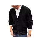 Men's English Solid V-Neck Jacquard Knit Sweater Jacket