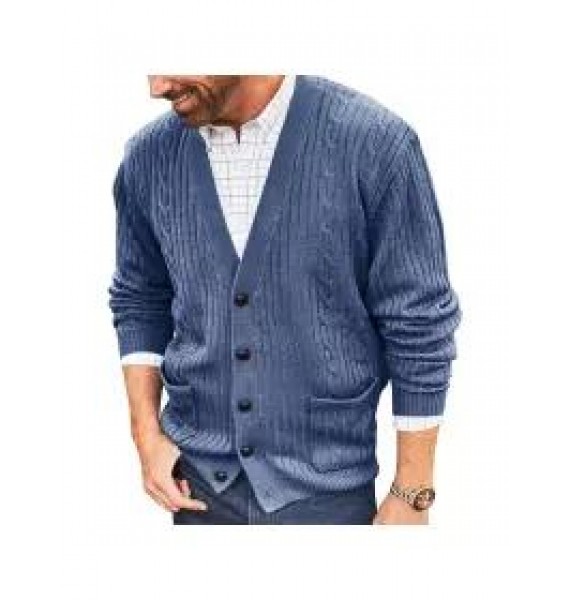 Men's English Solid V-Neck Jacquard Knit Sweater Jacket