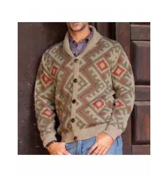 Men's Casual Vintage Long Sleeve Jacquard Sleeve Lapel Knit Sweater