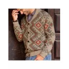 Men's Casual Vintage Long Sleeve Jacquard Sleeve Lapel Knit Sweater