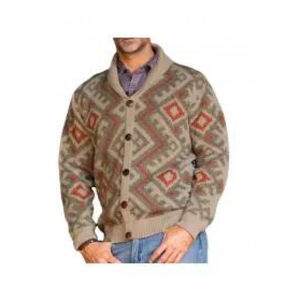 Men's Casual Vintage Long Sleeve Jacquard Sleeve Lapel Knit Sweater