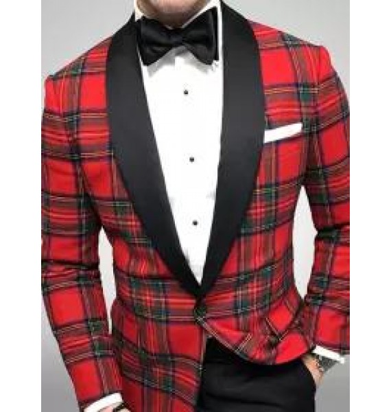 Casual Men's Plaid Green Fruit Collar Blazer