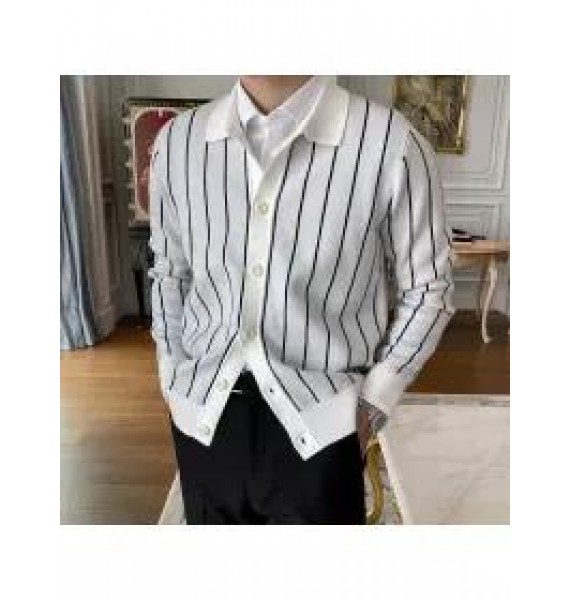 Lapel Striped Knitted Sweater Cardigan