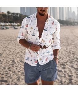 Mens Fashion  Anchor Beach Print Casual Shirt