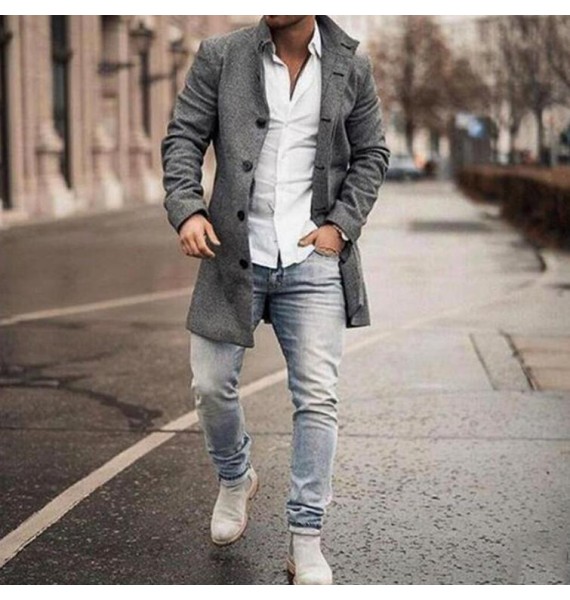 Men's Fashion Loose Jacket Mid Length Wool Coat