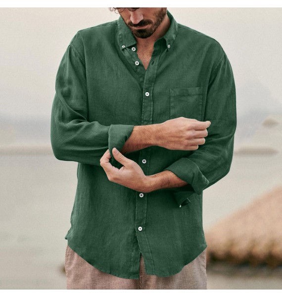 Men's Retro Casual Pocket Cotton Linen Men's Long Sleeve Shirt