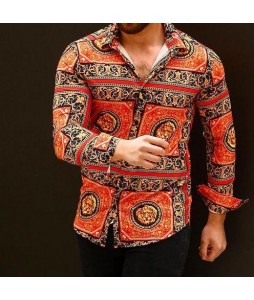 Men's Geometric Colorblock Print Shirt  Outdoor Casual Long Sleeve Shirt