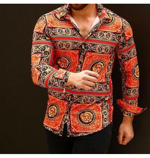 Men's Geometric Colorblock Print Shirt  Outdoor Casual Long Sleeve Shirt