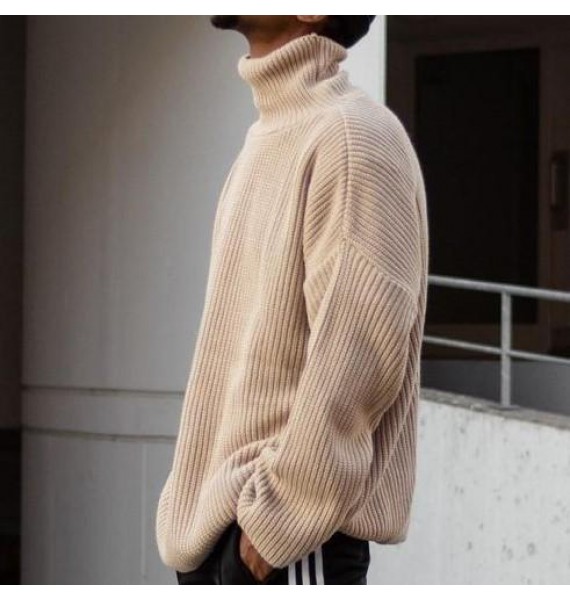 Men's Light Brown Retro Loose Casual Turtleneck Sweater