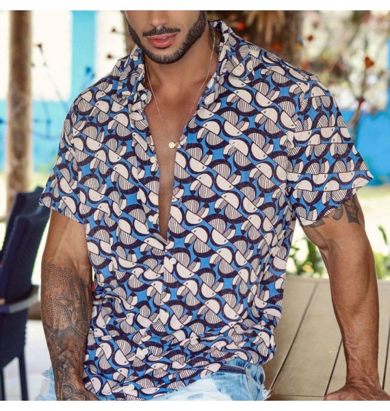 Men's Casual Fashion Geometric Print Short Sleeve Shirt