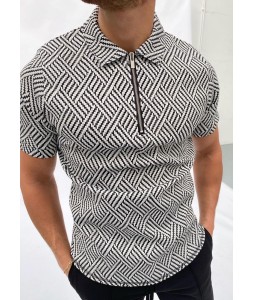 Bck and white herringbone jacquard polo shirt