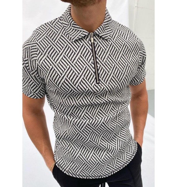 Bck and white herringbone jacquard polo shirt