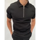 Bck and white herringbone jacquard polo shirt