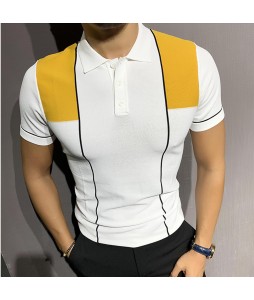 Gentleman summer color matching knitted polo shirt