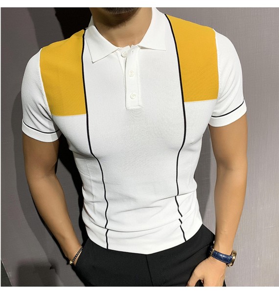 Gentleman summer color matching knitted polo shirt