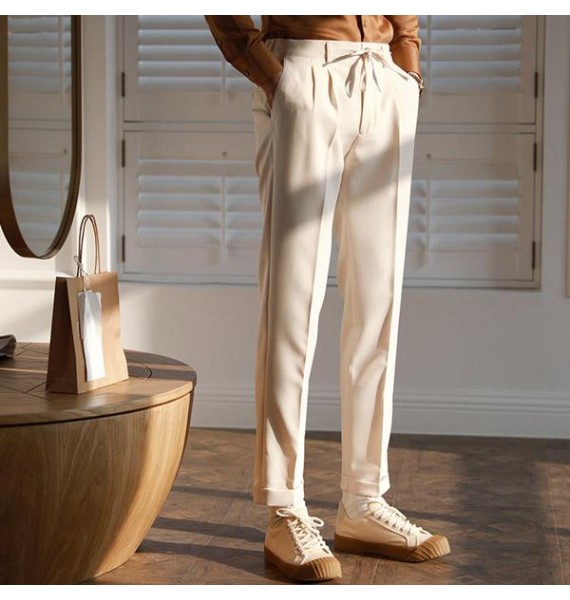 Casual estic waist pure color estic simple mens pants