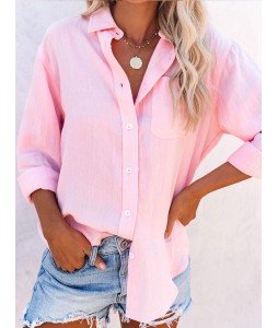 Round Neck Casual Loose Solid Color Long Sleeve Blouse