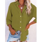 Round Neck Casual Loose Solid Color Long Sleeve Blouse