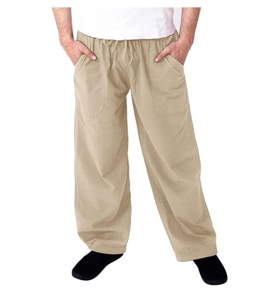 Men's Casual Solid Color Cotton Linen Quick Dry Loose Beach Trousers