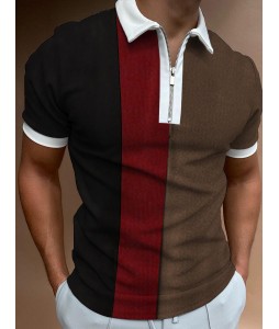 Men's Casual Style Summer Daily Stitching Zipper Design Polo Colr Short-sleeved T-shirt