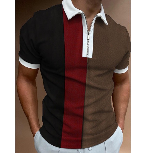 Men's Casual Style Summer Daily Stitching Zipper Design Polo Colr Short-sleeved T-shirt