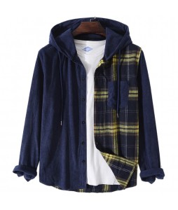 Men's Retro Pid Stitching Thickened Corduroy Hooded Shirt Jacket