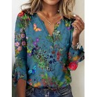 V-neck Casual Loose Floral Print Long Sleeve Blouse